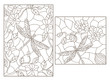 Set of contour illustrations in stained glass style with flowers and dragonflies, dark outlines on white background