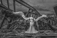 Bride inside a wrecked building