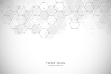 Abstract Molecular Structure And Chemical Elements. Medical, Science And Technology Concept. Vector Geometric Background From Hexagons.