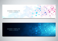 Vector Banners Design For Medicine, Science And Digital Technology. Molecular Structure Background And Communication With Connected Lines And Dots.