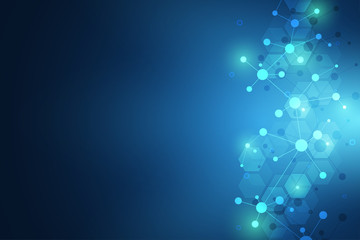 Molecular structure background and communication. Abstract background with molecule DNA and neural network. Artificial intelligence. Science and technology concept with connected lines and dots.