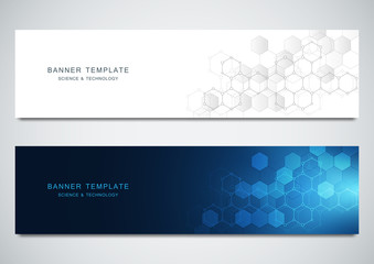 Vector banners for science and digital technology. Geometric abstract background with hexagons design. Molecular structure and chemical compounds.