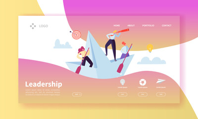 Wall Mural - Leadership Concept Landing Page Template. Website Layout with Flat People Characters with Spyglass on Paper Ships. Easy to Edit and Customize Mobile Web Site. Vector illustration