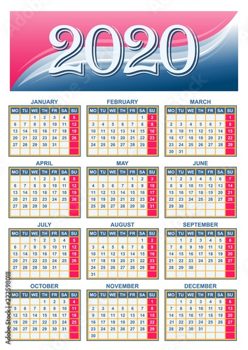 European calendar grid for 2020 - Buy this stock vector and explore