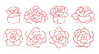 Set of outline roses blooms isolated on white background. Top and side view. Vector hand drawn illustration