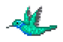 Pixel Art Green Hummingbird Isolated On White Background. Colibri Icon. Cute 8 Bit Bird Logo. Retro Vintage 80s; 90s Slot Machine/video Game Graphics.