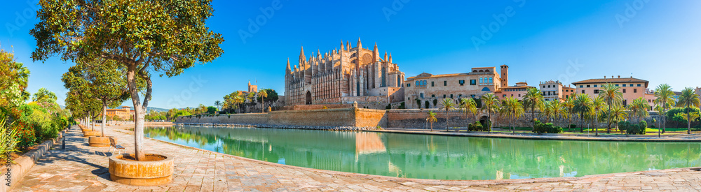 Beautiful view of Cathedral La Seu at the historic city center of Palma de Mallorca - obrazy, fototapety, plakaty 