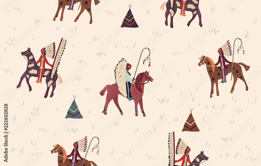 Seamless ethnic pattern. Background in navajo style. Indian horsemen on a beige background - obrazy, fototapety, plakaty 