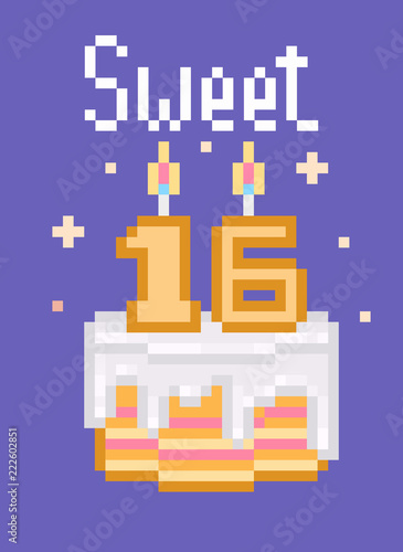 Retro 80s 90s Pixel Art Happy Birthday Card With Words And Cake With Dripping White Frosting And Burning Candles On Violet Background Colorful Sweet 16 Party Invitation Template Sweet Dessert Poster Stock Vector Retro 80s 90s Pixel Art Happy Birthday Card With Words And Cake With Dripping White Frosting And Burning Candles On Violet Background Colorful Sweet 16 Party Invitation Template Sweet Dessert Poster Stock Vector