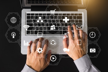 coding software developer work with augmented reality dashboard computer icons with responsive cyber