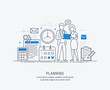 © Molnia - Flat line illustration of business planning, market research, analysis, business management, strategy, finance and investment, business success. For web banners and printed materials.