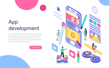 Modern flat design isometric concept of App Development for banner and website. Landing page template. Mobile application, user and developer group. Vector illustration.