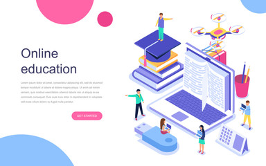Wall Mural - Modern flat design isometric concept of Online Education for banner and website. Landing page template. Graduation, e-learning research, college research, back to school concept. Vector illustration.