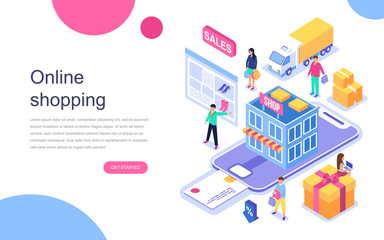 Leinwandbilder - Modern flat design isometric concept of Online Shopping for banner and website. Landing page template. Commercial checkout pay, ecommerce retail on device for customer apps. Vector illustration.