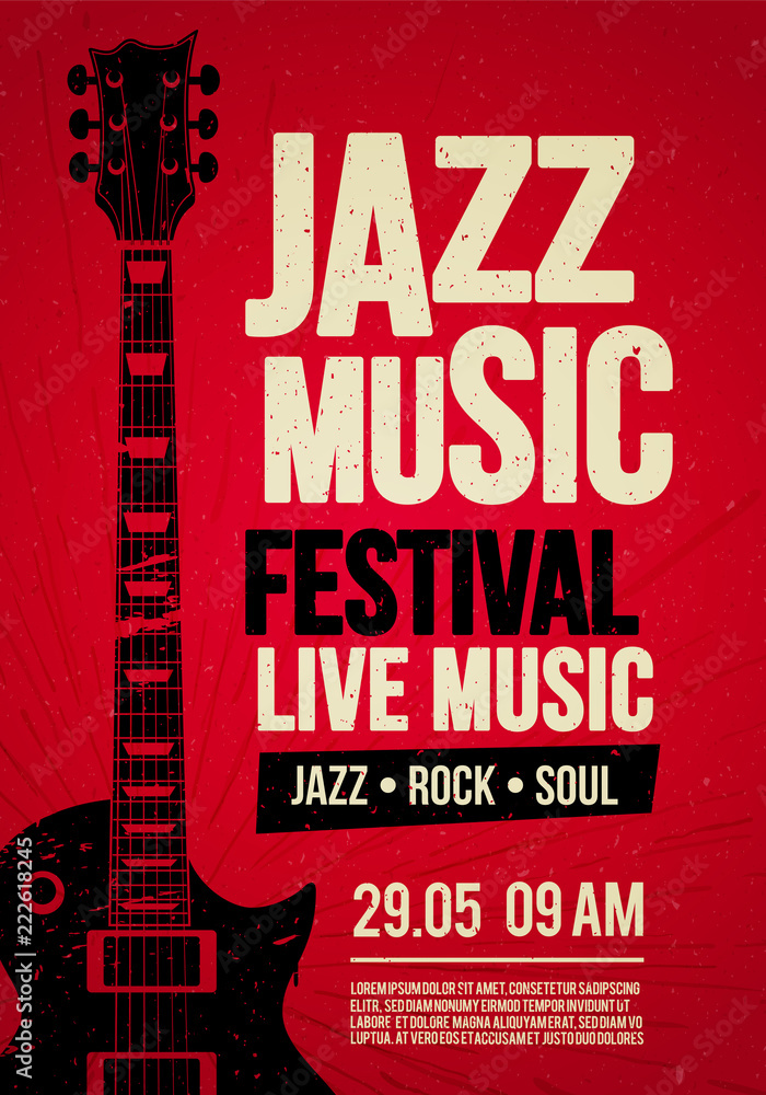 Vector Illustration poster flyer design template for Rock Jazz festival live music event with guitar in retro style on red background - obrazy, fototapety, plakaty 