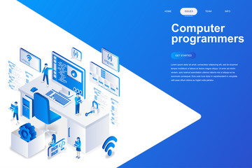 Computer programmers modern flat design isometric concept. Software development and people concept. Landing page template. Conceptual isometric vector illustration for web and graphic design.