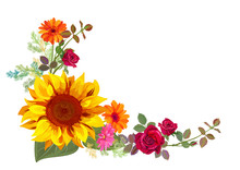 Angled Autumn’s Frame: Orange, Yellow Sunflowers, Red Roses, Gerbera Daisy Flowers, Small Green Twigs On White Background. Digital Draw, Illustration In Watercolor Style, Vector