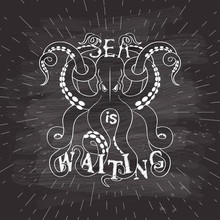 Vector Background With Octopus On Chalk Board. Title "Sea Is Waiting".
