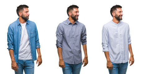 Collage of handsome young indian man over isolated background looking away to side with smile on face, natural expression. Laughing confident.