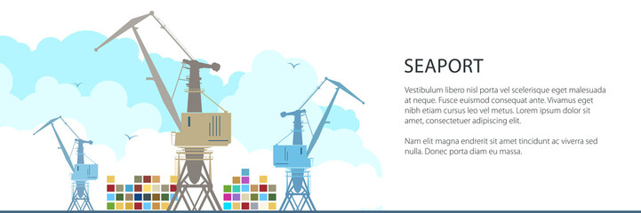 Cargo Cranes and Containers at the Seaport and Text, International Freight Transportation Banner, Vector Illustration