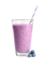 Tasty Blueberry Smoothie In Glass On White Background