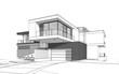 © korisbo - 3d rendering sketch of modern cozy house by the river with garage for sale or rent. Black line sketch with soft light shadows on white background