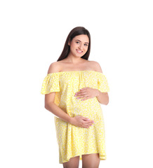 Poster - Beautiful pregnant young woman on white background