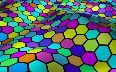 Honeycomb multi-colored. Perspective view on polygon look like honeycomb. Wavy surface. Isometric geometry. 3D illustration