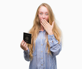 Sticker - Blonde teenager woman holding passport of Unites States of America cover mouth with hand shocked with shame for mistake, expression of fear, scared in silence, secret concept