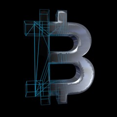 Bitcoin sign, blue grid goes to platinum or silver on a black background. 3D illustration