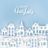 Fototapeta Miasto - Winter urban countryside landscape, village with cute paper houses, pine trees and snow. Merry Christmas and New Year paper art background