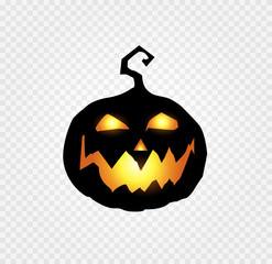 scary and evil pumpkin jack o lantern with orange glowing face on transparent background