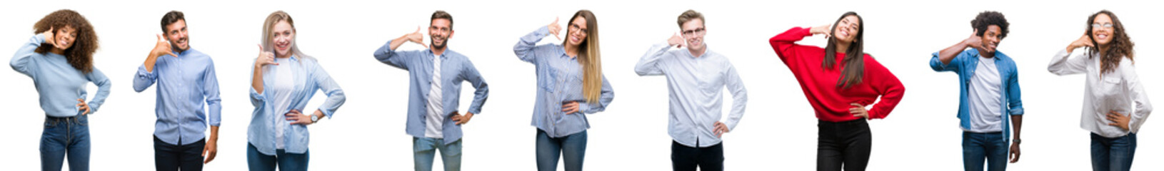 Canvas Print - Composition of african american, hispanic and caucasian group of people over isolated white background smiling doing phone gesture with hand and fingers like talking on the telephone. Communicating