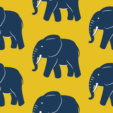 Blue Elephant Seamless Vector Pattern Yellow Background.