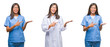 © Krakenimages.com - Collage of asian young surgeon doctor or nurse woman standing over white isolated background amazed and smiling to the camera while presenting with hand and pointing with finger.