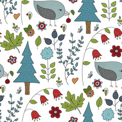 Wall Mural - Seamless vector forest pattern with cute color illustrations - cute birds with berries.