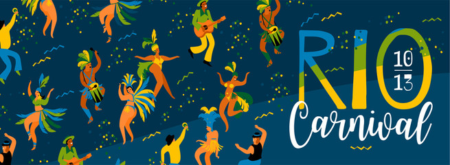 Brazil carnival. Vector illustration of funny dancing men and women in bright costumes.