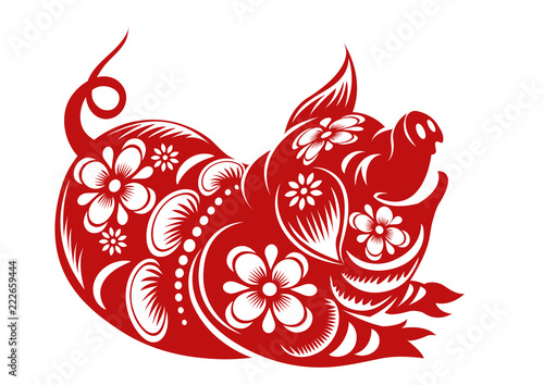 Cuadros en Lienzo Chinese Zodiac Sign Year of Pig,Red paper cut pig,Happy Chinese New Year 2019 ye
