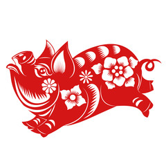 Poster - Chinese Zodiac Sign Year of Pig,Red paper cut pig,Happy Chinese New Year 2019 year of the pig