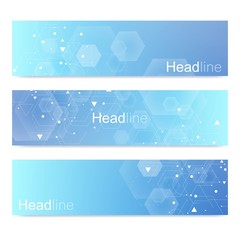 Scientific set of modern vector banners.Futuristic digital science technology concept for web banner template or brochure. Science vector background. Medical, tecnology, chemistry design