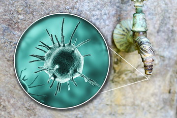 Poster - Safety of drinking water concept, 3D illustration showing parasitic microorganisms contaminating drinking water