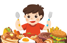 A Boy With Spoon And Fork Going To Eat Foods.