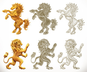 Wall Mural - Horse anb lion. 3d and engraving styles. Vector illustration