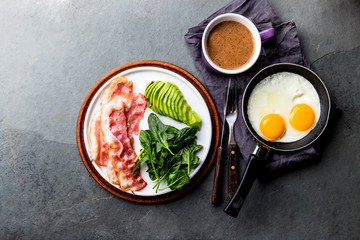 Ketogenic diet breakfast. fried egg, bacon and avocado, spinach and bulletproof coffee. Low carb high fat breakfast