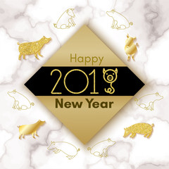 Wall Mural - 2019 chinese new year of pig concept with golden vector silhouette, glitter, foil texture, template for calendar, poster, banner, greeting card