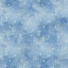 Seamless Pattern With Blue Gradient Background And Snowflakes. Watercolor Hand Drawn Illustration. Shades Of Blue And Gray Watercolor Stains