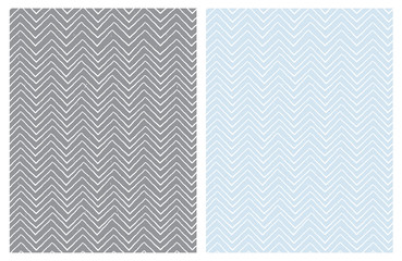Set of Seamless Cute Chevron Patterns. White Zig Zag Shape a Gray ad Light Blue Background.  Funny Irregular Design. Infantile Style.