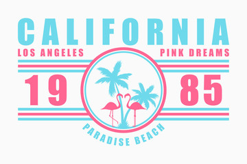 Wall Mural - California typography for t-shirt with slogan. Los Angeles fashion graphics with palm tree and flamingo for design clothes. Vector illustration.