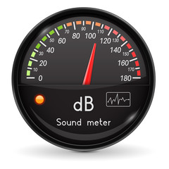 Volume unit meter. Sound audio equipment. Black glass gauge with chrome frame