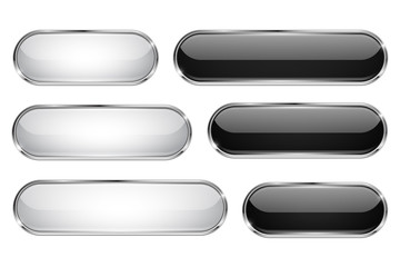 Wall Mural - black and white glass 3d buttons. oval icons set with thin metal frame
